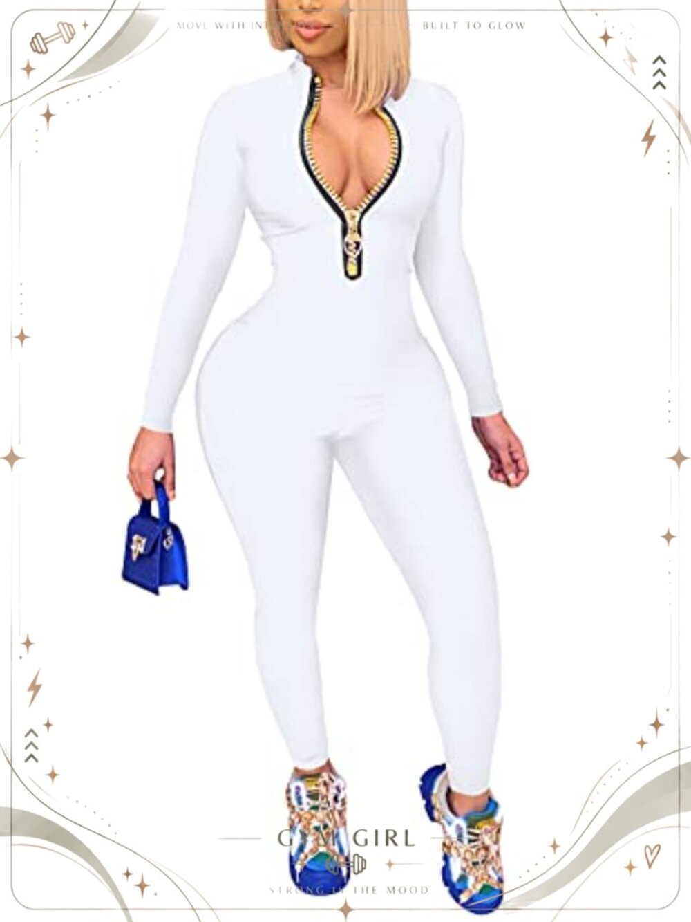 Long Sleeve V Neck Zip Front Bodycon Jumpsuit One Piece